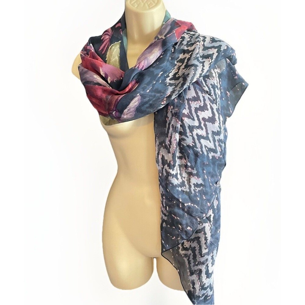 Sterling Styles Vintage Rayon Navy Floral Chiffon Scarf 45X67